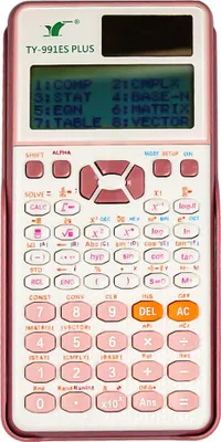 A pink scientific calculator with a screen displaying mathematical functions.