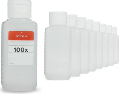 Produktbild von 100 Plastikflaschen 100 ml vierkant G25 mit weißen Klappverschlüssen