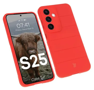 A red phone case is shown next to a smartphone displaying a bull image and the text 'S25 Case Tur'.