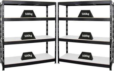 Produktbild von Mega Deal | 2x Profi Schwerlastregal Rhino | HxBxT 180x160x60cm | 4 Melamin-Ebenen 16mm | Fachlast 500kg | Schwarz