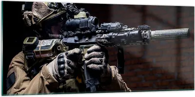 Produktbild von Bilder auf glas - Soldat Gewehr - 120x50cm - Glasbilder - Wandbilder - Kunstdruck - zum Aufhängen bereit - Wanddekoration aus Glas - Glas Bilder - Wandbild auf Glas - Einteilig - GAB120x50-3785