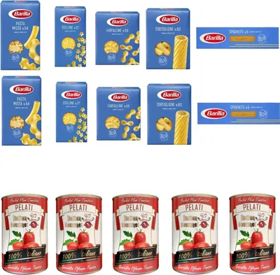 Produktbild von TESTPAKET Pasta Barilla italienisch ( 10 x 500g ) 5 Arten von Nudeln (Spaghetti-Tortiglioni-P.Mista-Stelline-Farfalline) + Italian Gourmet 100% italienische geschälte Tomaten dosen 5x 400g
