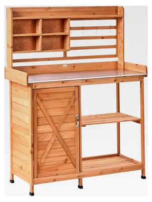 Produktbild von Pflanztisch mit Stauraum aus Tannenholz und Eisen in Hellbraun 113x46x148 cm