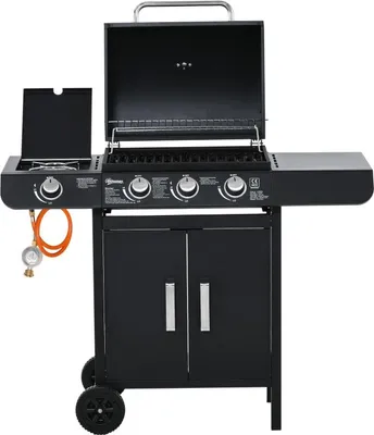 Produktbild von Gasgrill BBQ Grillwagen mit 3 Brennern & 1 Seitenbrenner, 11,6 kW Gesamtleistung, emaillierter Rost, Grillstation inkl. Druckminderer & Schlauch, Schwarz (110x50x100 cm)