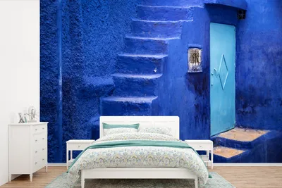 Produktbild von MuchoWow® Fototapete für Wohnzimmer oder Schlafzimmer Wandtapete Vinyl Motivtapete Architektur - Blau - Treppe - Tür - 600x400 cm - Vinyltapeten