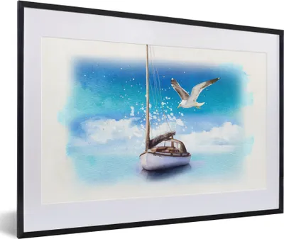 Produktbild von MuchoWow® MuchoWow® Gerahmtes Poster Boot - Wasser - Möwe 60x40 cm - Poster mit zchwarzem Bilderrahmen - Schlafzimmer - Plakat in Rahmen - Drucken