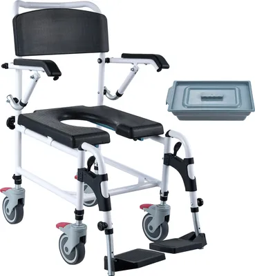 Produktbild von SucceBuy Dusch-/Toilettenrollstuhl mit 4 feststellbaren Rädern, verstellbaren Fußstützen, hochklappbaren Armlehnen, 3-stufiger Höheneinstellung, abnehmbarem 5-Liter-Eimer, 158 kg Tragkraft