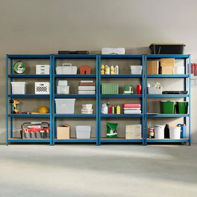 Produktbild von Garage Regal mit 5 Etagen - 875 kg Kapazität - Küchenregal - Stahl und MDF - Verzinkt, Schwarz, Blau oder Rot