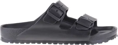 A studio shot of a black sandal.
