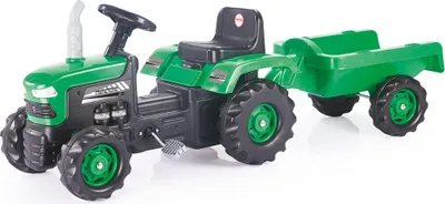 A green toy tractor with a trailer, shown from a side-angle on a white background.