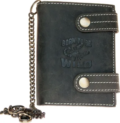 Image de Porte-monnaie Biker en cuir naturel Born to be wild avec un scorpion et une chaîne en métal