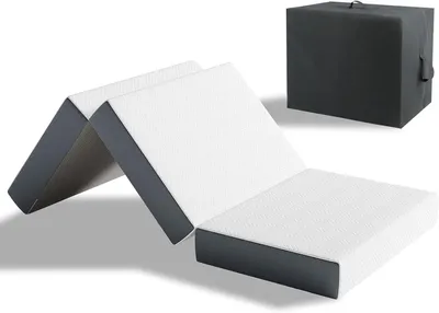 A folded mattress and its storage bag are shown against a white background.