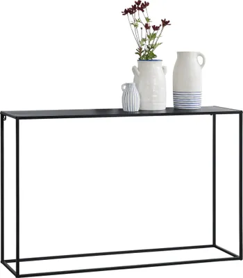 A black metal console table with decorative vases and flowers on top, set against a white background.