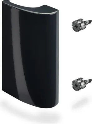 A black balcony door handle with two silver screws on a white background.