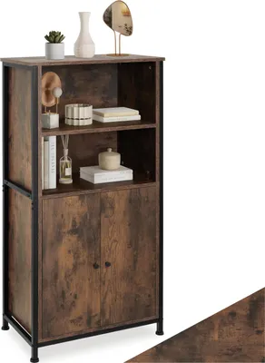 A tall, narrow cabinet with two doors at the bottom and open shelves above, decorated with a few items.