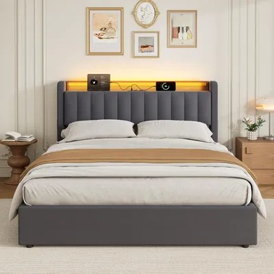 Produktbild von okwish 160×200 Polsterbett mit LED-Licht und Stauraum-Kopfteil, Jugendbett mit Steckdosen und Bettkasten,Boxspringbett in Grau,ohne Matratze