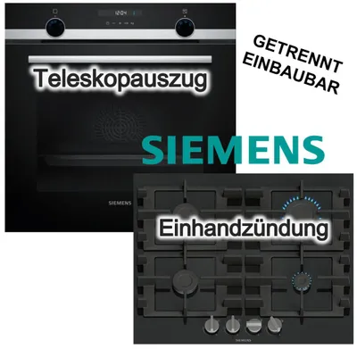 Produktbild von Herdset Siemens Backofen 3D Heißluft Hydrolyse Teleskopauszug Pizzastufe + Gaskochfeld mit Zündsicherung