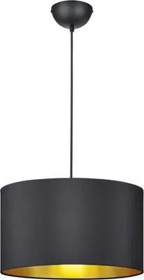 A black pendant light with a gold interior hanging from a black cord.