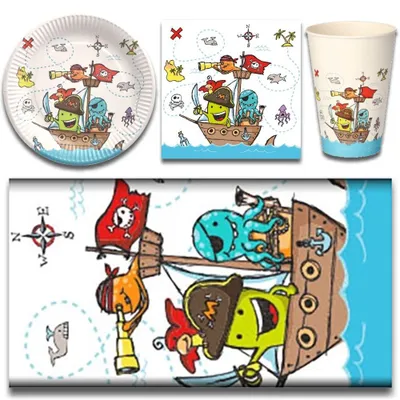 Produktbild von tradingbay24 Party-Set Pirate Crew (61-teilig: Servietten, Teller, Becher, Tischdecke) tbK0042 Piraten Einweg-Party-Set Party-Deko-Set für Jungen