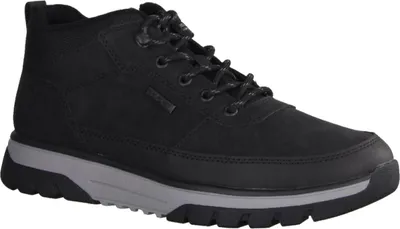 A black boot with a gray sole against a white background.