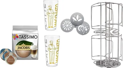 Produktbild von Tassimo Kapselspender für 48 T-Discs plus 1 Packung Latte Macchiato plus 2 Latte Gläser plus Schablonen Edelstahl
