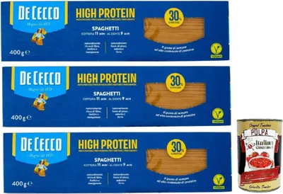 Produktbild von De Cecco Spaghetti Nr. 12, High protein, Italienische Hartweizennudeln, 3 Packungen à 400g, Pasta aus 100% italienischem Hartweizen, + Italian Gourmet polpa 400g