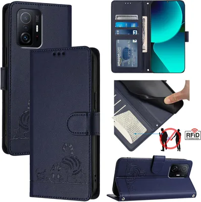 Produktbild von Leder Hülle für Xiaomi 11T/Xiaomi 11T Pro Süße Katze Flip Case Brieftasche Schutzhülle mit Standfunktion Blau