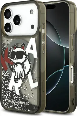 A Karl Lagerfeld iPhone case with a glitter-filled design featuring the Choupette character and logo.