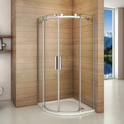 A modern shower cabin in a bathroom setting with wooden walls and a window showing a mountain landscape.