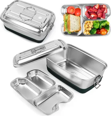 Produktbild von Edelstahl Lunchbox 2000 ml, doppelte Metall-Brotdose mit 3 Fächern, auslaufsichere Bento-Box mit Dichtungsring, tragbare Essensbox für unterwegs