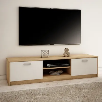 Produktbild von TV-Schrank 160cm breit Lowboard mit matter Oberfläche Fernsehtisch mit 2 Türen und 2 Regalen, aus laminiertem Board sonoma weiß