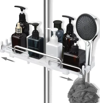 Produktbild von Duschablage Ohne Bohren Teleskopisch, zum hängen Badezimmer Organizer, Duschregal für 18 mm-25 mm Duschstange, Weiß, für Dusche und Badezimmer