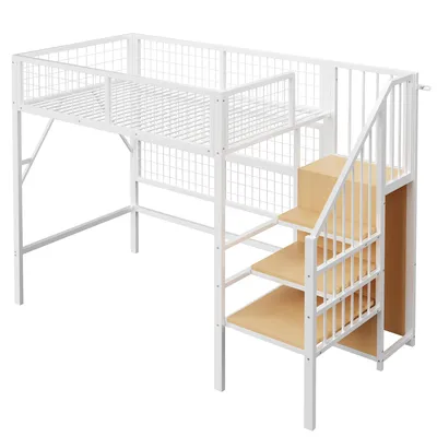 Produktbild von Flieks Etagenbett 90x200cm mit Led, Kinderbett Hochbett mit Kleiderschrank und Metallgitter, Jugendbett Metallbett mit Rausfallschutz, Weiß