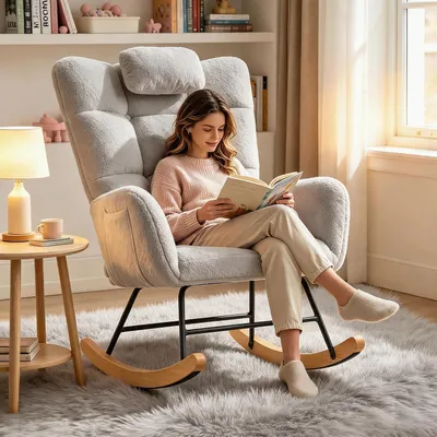 Produktbild von Schaukelsessel mit Kopfstütze Teddyfell camel gepolstert Sessel Wohnzimmer Schlafzimmer Balkon Kuschelsessel Schaukelstuhl