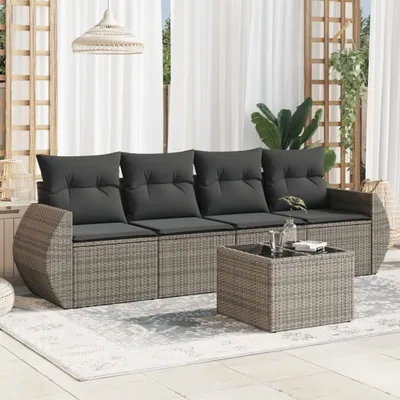 Produktbild von Design 5-tlg. Garten-Sofagarnitur mit Kissen Grau Poly Rattan, Gartenmöbel-Sets 2024 Neu
