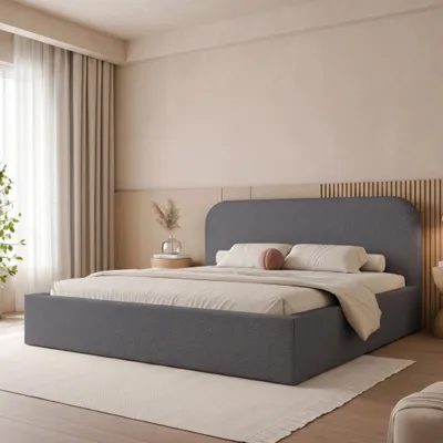 Productafbeelding van Gestoffeerd bed FUZZI, 140x200 cm, donkergrijsblauw, met opbergruimte en lattenbodem