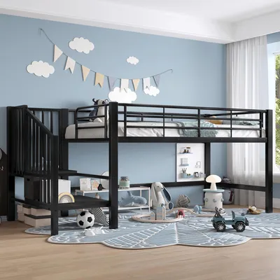 Produktbild von Merax Etagenbett Halbhohes 90x200 cm, Hochbett mit Stauraumtreppe, Metallrahmen & Lattenrost, Kinderbett, Jugendbett, Stockbett, Schwarz