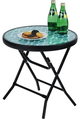 Immagine prodotto di Tavolino pieghevole rotondo, vetro e metallo, verde, 46x46x48 cm, resistente alle intemperie, facile da pulire
