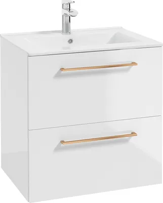 Produktbild von Bad Waschtisch in weiß Hochglanz lackiert mit Metallgriffen in kupfer, 2 Schubladen und Keramikwaschbecken MESSINA-107, B/H/T ca. 60/62/46 cm