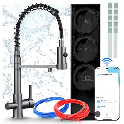 Produktbild von Küchenarmatur Mit Wasserfiltersystem Ari Solid Spring, Umkehrosmose 800 Gpd, Wifi, Keramikkartusche, Zweigriffarmatur, Perlator, Messing, Graphit
