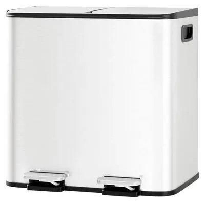 Image de Poubelle de cuisine - Poubelle à pédale double - 2 bacs de 15 litres pour le tri des déchets - Acier inoxydable - Couvercle à fermeture douce - Blanc