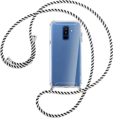 Produktbild von Handykette Backcover-Schutzhülle mit Band (Metall silberfarben) für Samsung Galaxy A6 Plus 2018 / J8 - schwarz/weiß gestreift