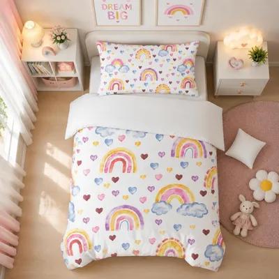 Immagine prodotto di Set di lenzuola per culla, motivo arcobaleno, 100x135 cm, in microfibra, con cerniera. Federa per cuscino 40x60 cm
