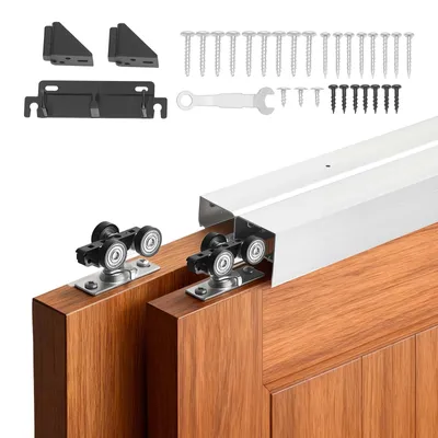 Produktbild von Schiebetürbeschlag-Set - Doppelschiebetürschiene 121,9 cm - Aluminiumlegierung - Für 2 Einzeltüren - Türstärke 2,5–4,5 cm - Türbreite bis 61 cm - Leise & Leichtgängig