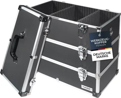 A black aluminum tool case with three compartments is shown with its lid open.