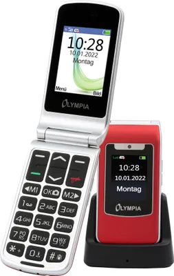 A flip phone and its charging base are shown against a white background.