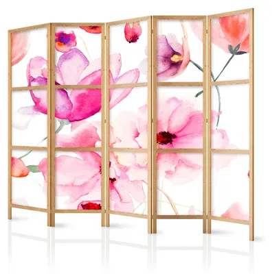 Produktbild von Muralo Japanischer PARAVENT 5-teilig Raumteiler klappbar PREMIUM-Vliesleinwand AQUARELL BLUMEN für Wohnzimmer 225cmx172cm