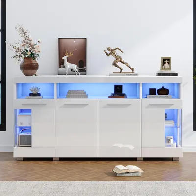 Produktbild von 140*40*70cm Beistelltisch, Wohnzimmer Hochglanz Seitenschrank mit LED Licht, breites Sideboard, Vitrine aus gehärtetem Glas mit 3 Fächern, Weiß
