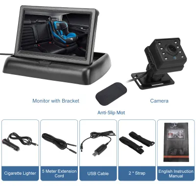 Image de Caméra pour bébé en voiture 1080p avec écran pliable de 4,3 pouces, vision nocturne, grand angle de 150° pour la surveillance de la banquette arrière