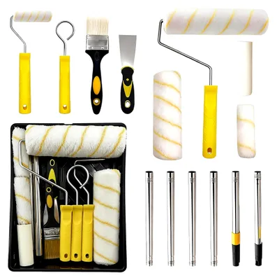 Produktbild von Farbroller-Set mit Verlängerungsstange, 15-teilig, 22,9 cm, 10,2 cm, Farbrollen-Set mit Pinseln, Schaber und Waschregal für Wände, Decken und Türen